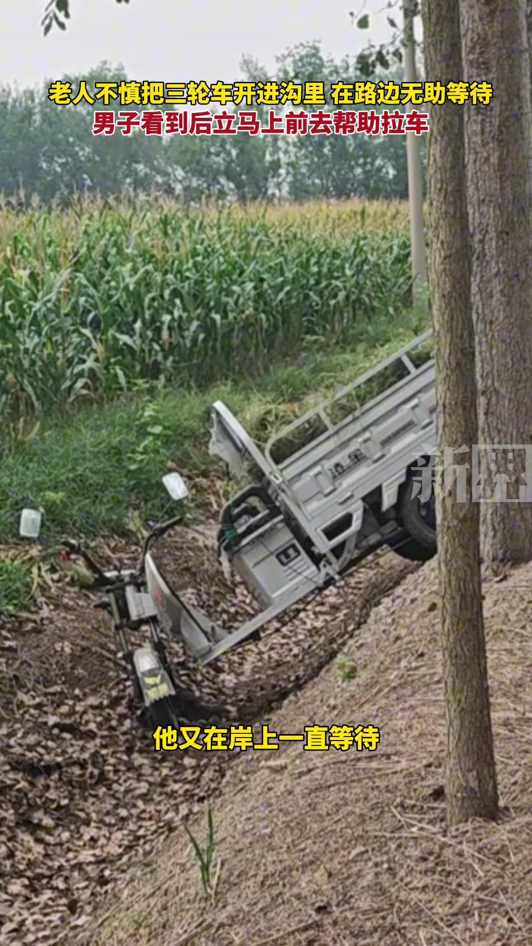 老人不慎把三轮车开进沟里，男子看到后上前帮助拉车