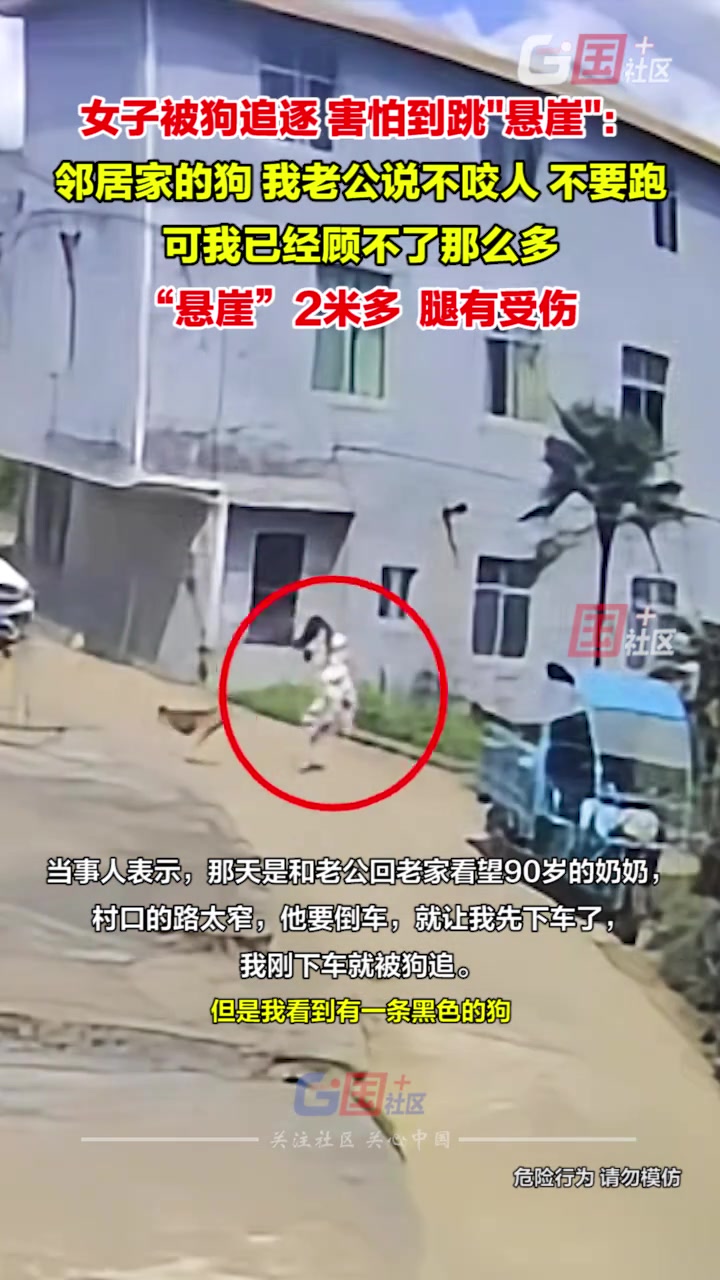 女子被狗追逐，害怕到跳“悬崖”！！！