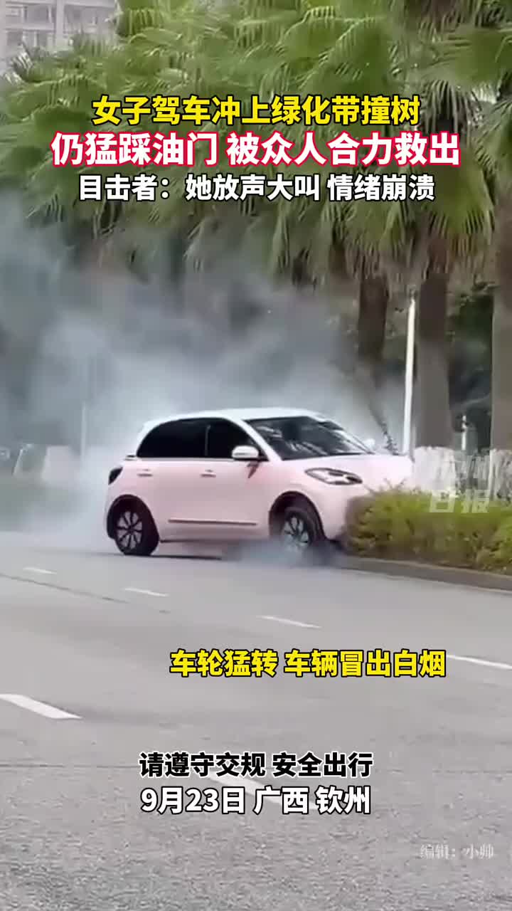 一女子驾车冲上绿化带撞树，仍猛踩油门众人合力救出！