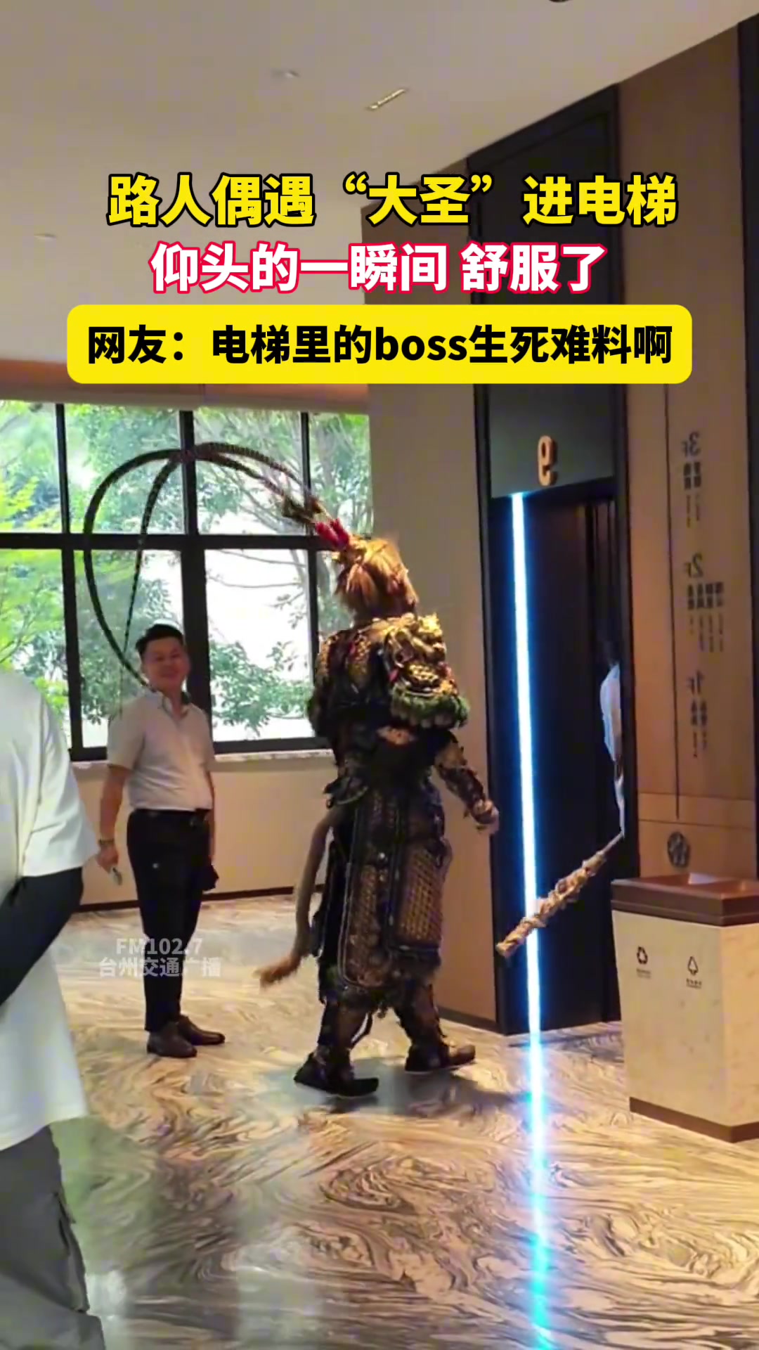 路人偶遇“大圣”进电梯仰头的一瞬间舒服了