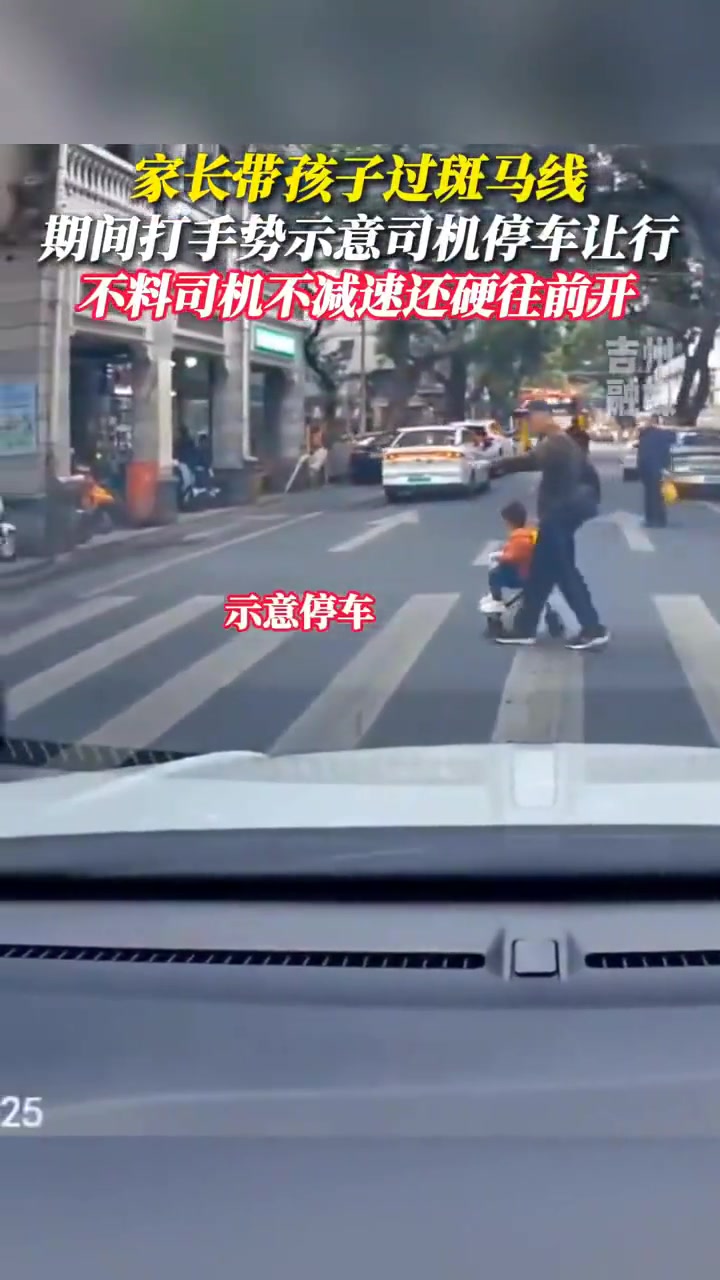家长带孩子过斑马线打手势示意司机停车让行司机不减速还往前开