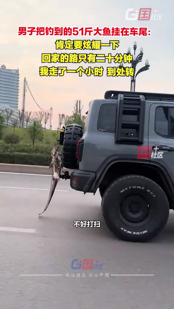 钓鱼佬钓到51斤大鱼，挂车尾后到处炫耀
