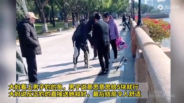 大妈看上男子钓的鱼，男子说意思意思给5块就行，大妈却想白嫖
