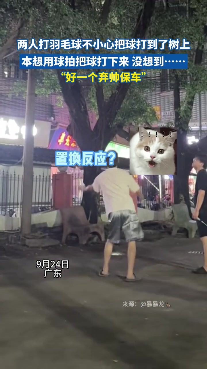 两人打羽毛球不小心把球打到了树上本想用球拍把球打下来没想到