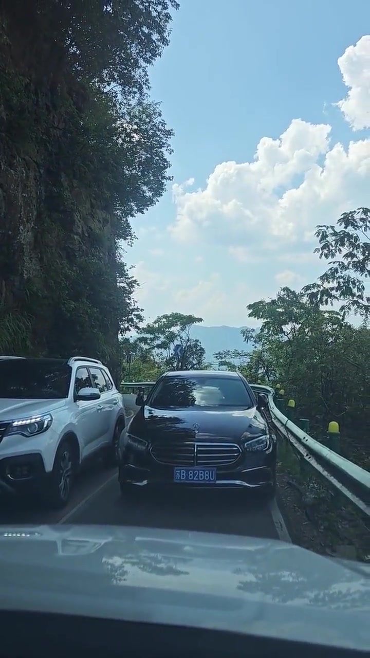 这么拥堵的山路上，奔驰车主打开双闪下车拍照去了！