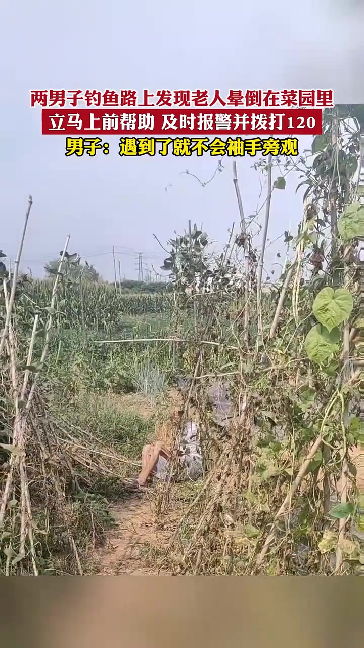 两男子钓鱼路上发现老人晕倒在菜园里立马上前帮助并拨打120