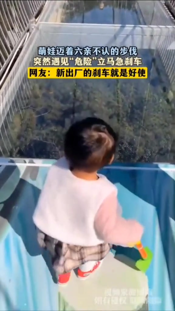萌娃迈着六亲不认的步伐，突然遇见”危险“立马急刹车