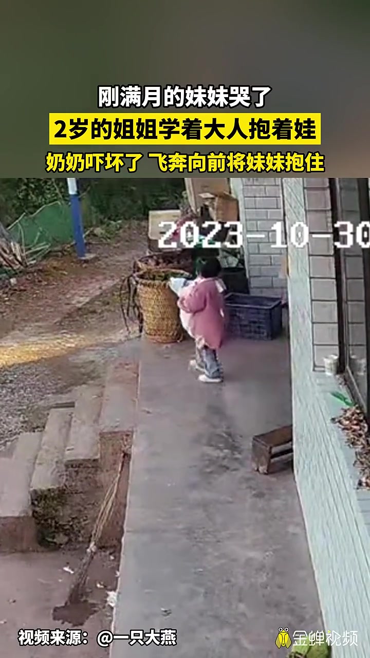 刚满月的妹妹哭了2岁的姐姐学着大人抱着娃奶奶吓坏了