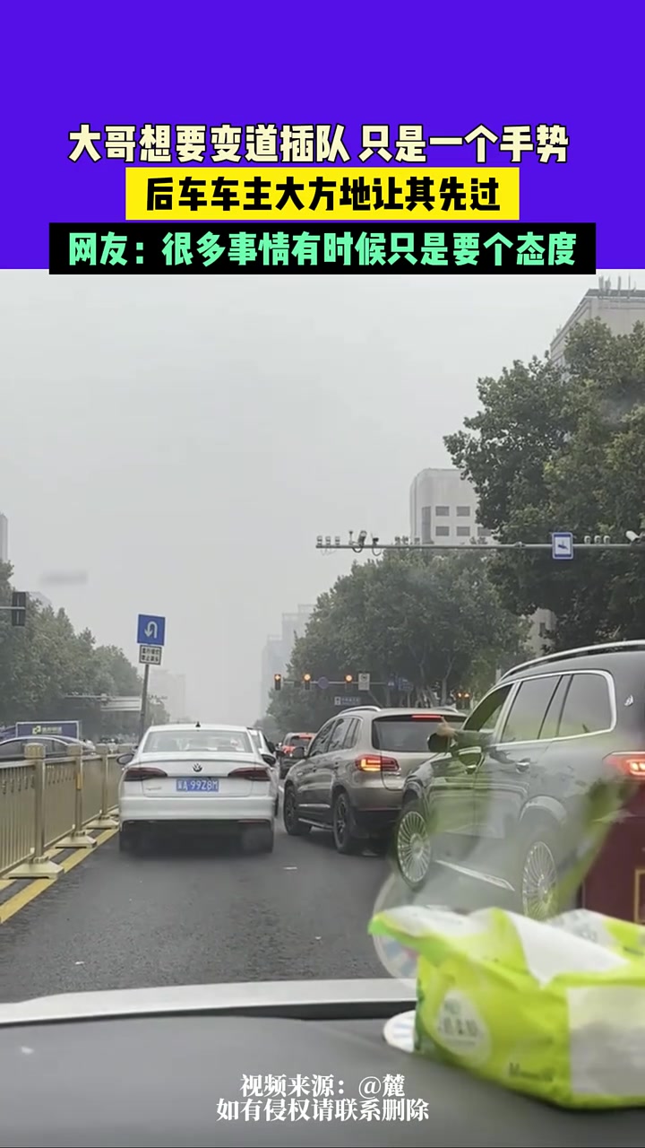 大哥想要变道插队只是一个手势，后车车主大方地让其先过！