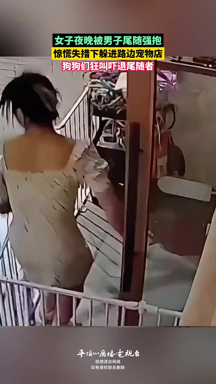 女子被男子尾随强抱，躲进路边宠物店狗狗们狂叫吓退尾随者！