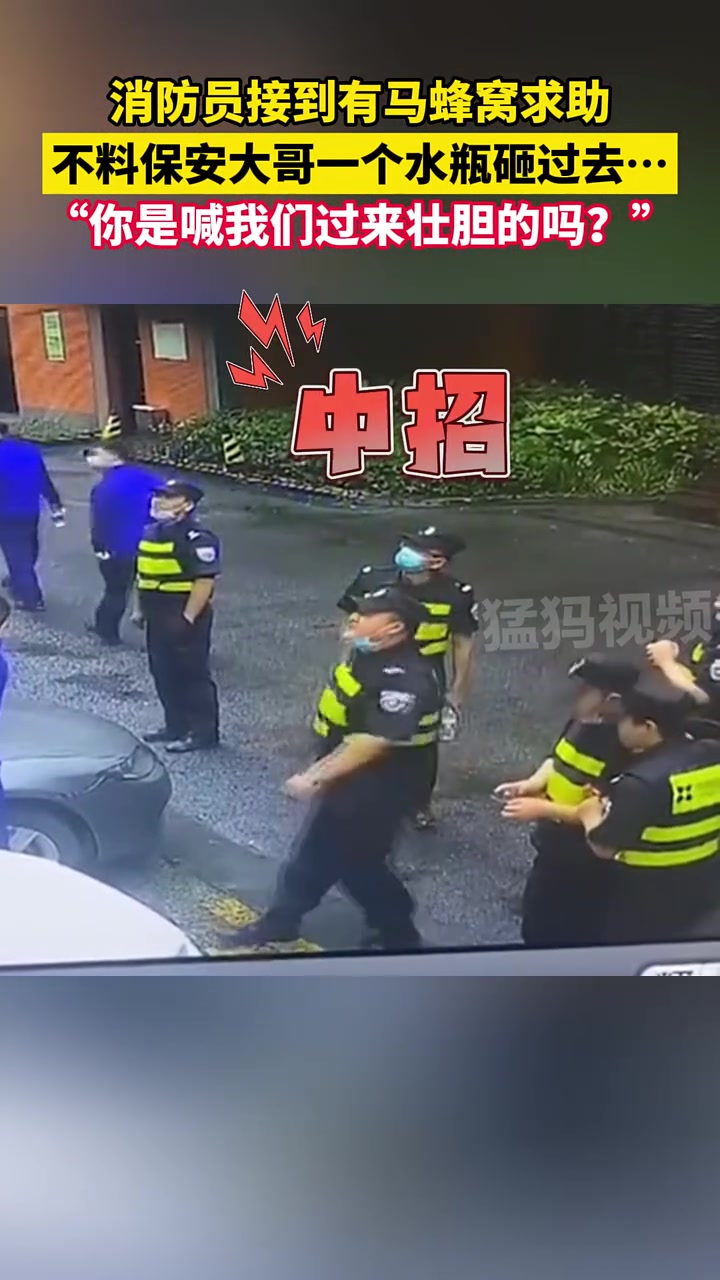 消防员接到有马蜂窝求助，不料保安大哥一个水瓶砸过去