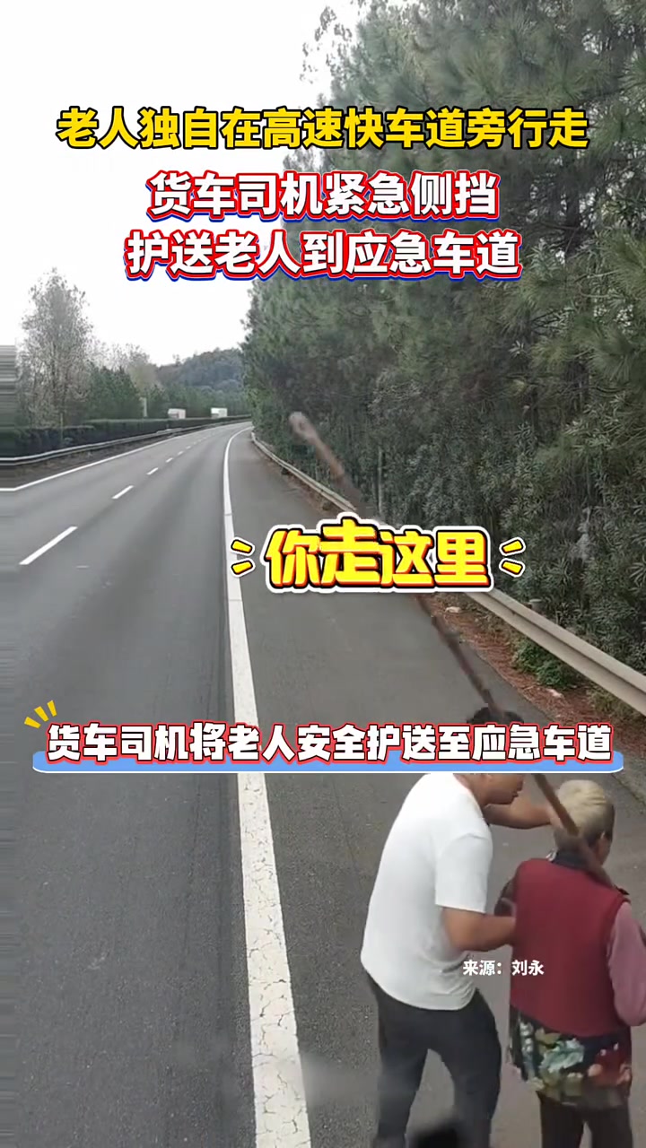 老人误入高速货车司机紧急侧挡护送