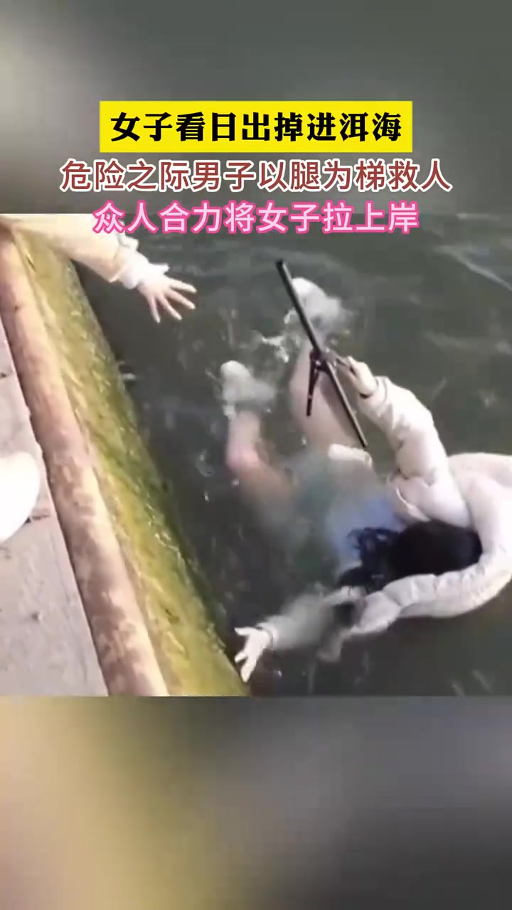 女子看日出掉进洱海！男子以腿为梯救人众人合力拉上岸！