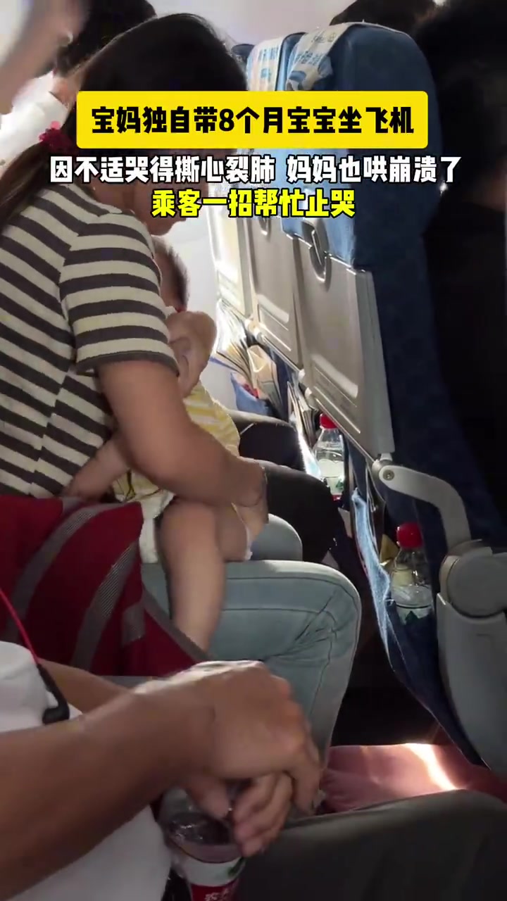 宝妈独自带8个月大宝宝坐飞机，因不适一直哭闹，宝妈也哄崩溃了