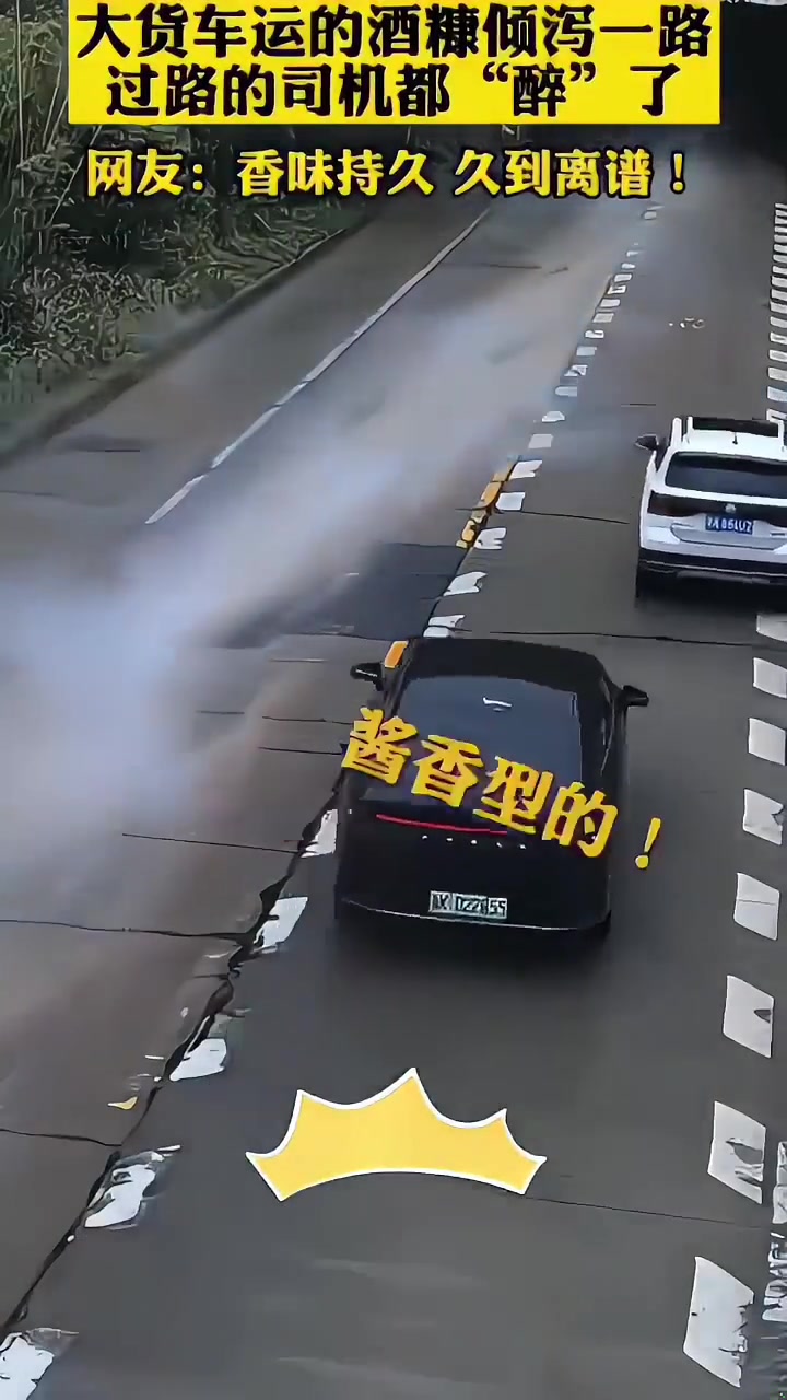 货车的酒糟撒了，给对面车都香晕乎了，直接开始“酒驾”