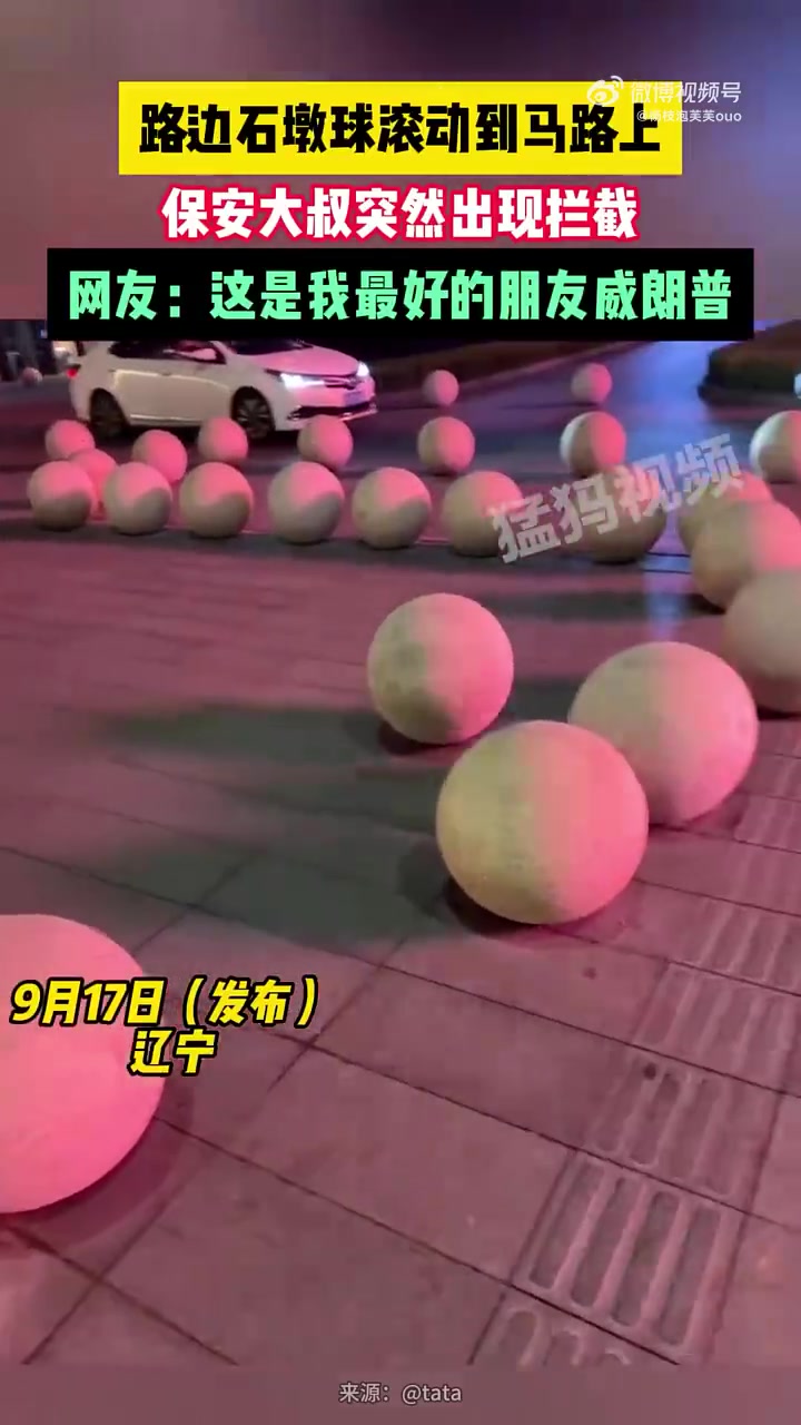路边石墩球滚到马路上了，还好司机反应快！
