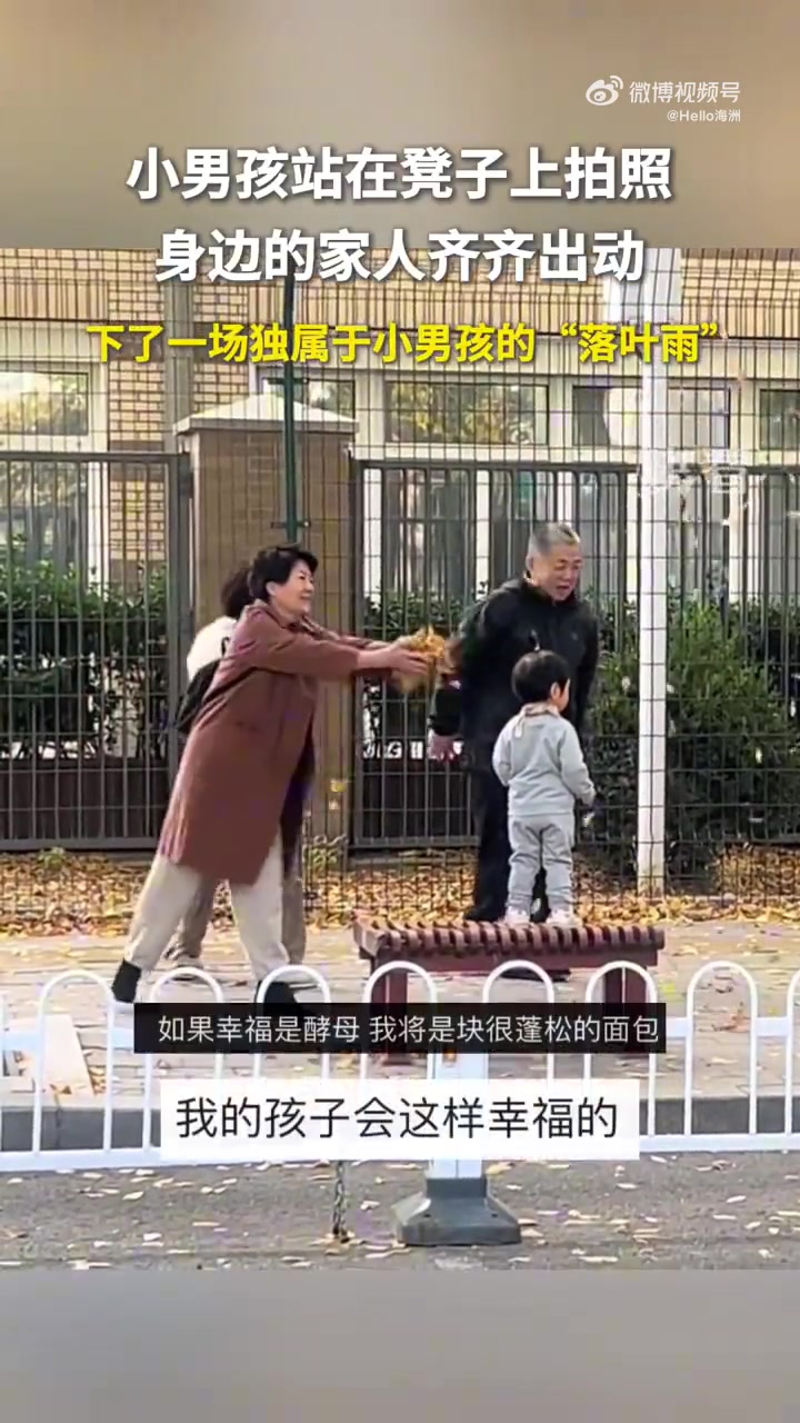男孩站在凳子上拍照，家人齐出动，下了一场独属于小男孩的落叶雨