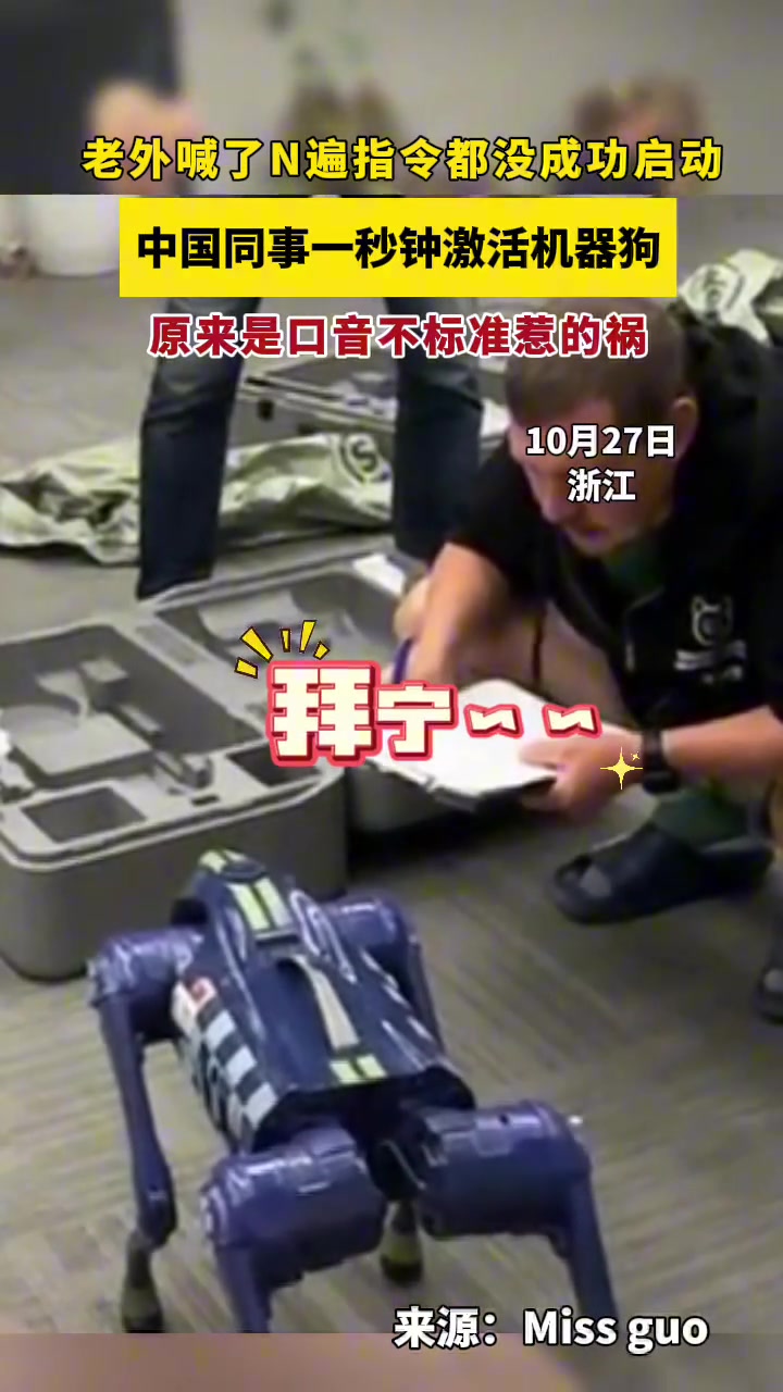 老外喊了N遍都没启动成功，中国同事一秒激活机器狗