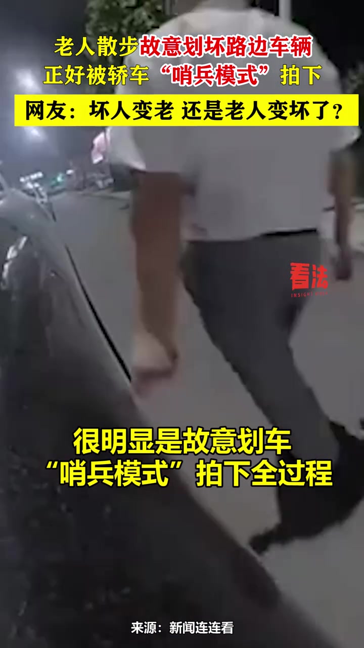老人散步故意划坏路边车辆，正好被轿车“哨兵模式”拍下全过程！