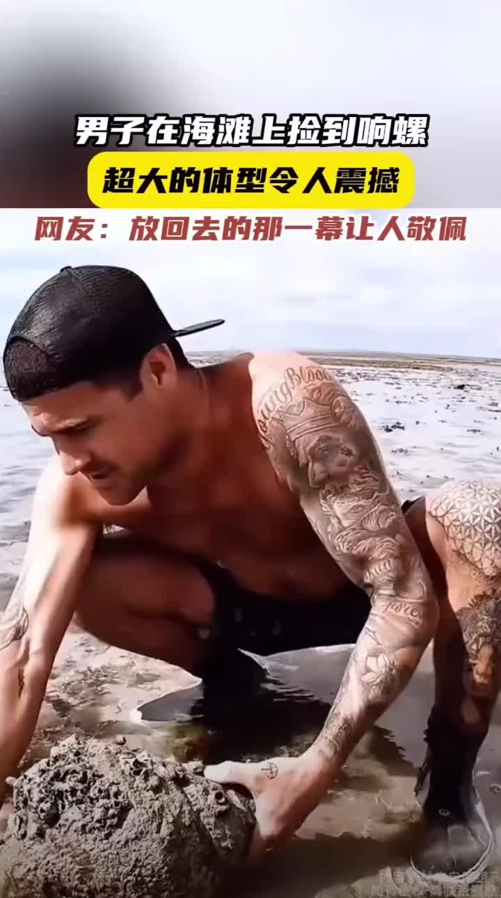 男子在海边碰到超大号响螺，拿起后选择不打扰它