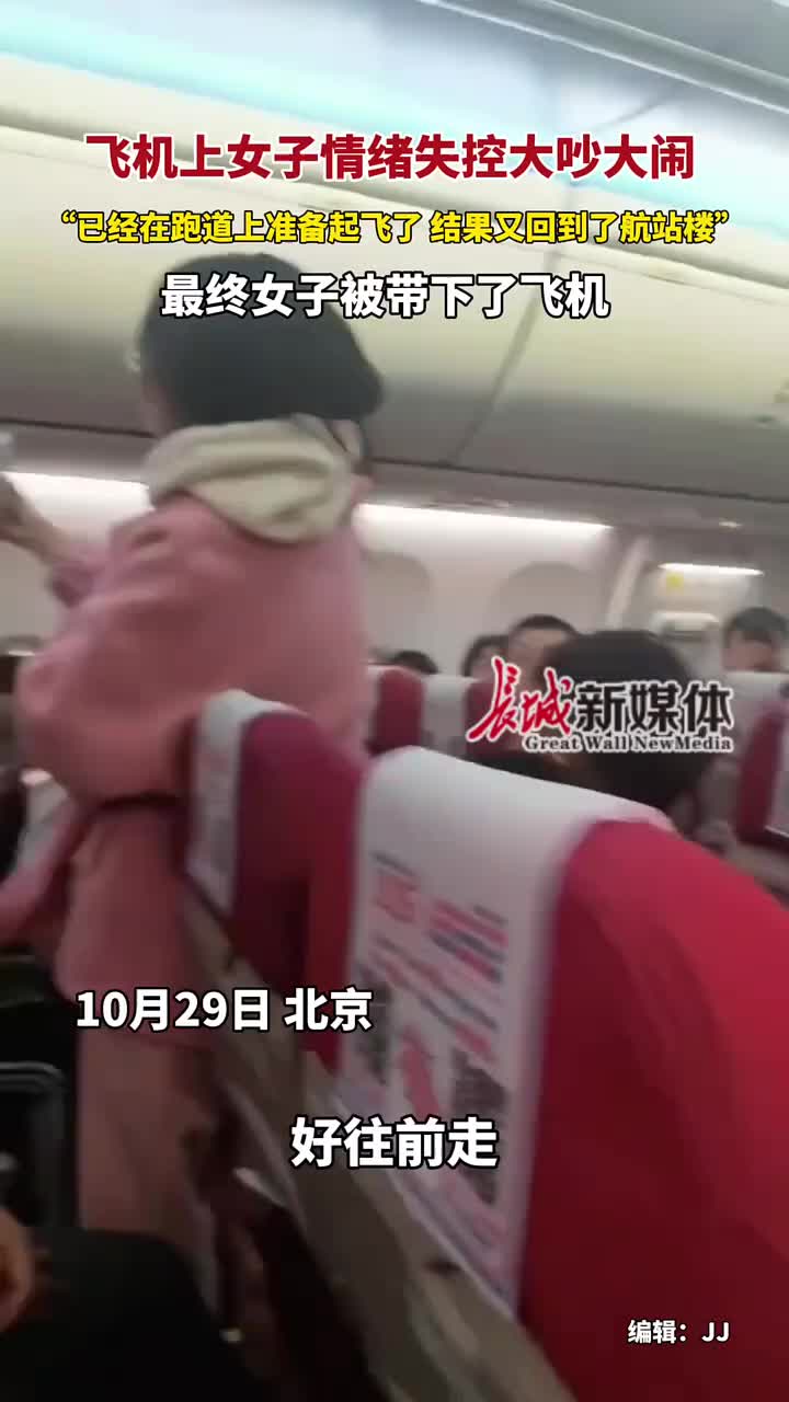 飞机上女子情绪失控大吵大闹，最终被带下了飞机！！