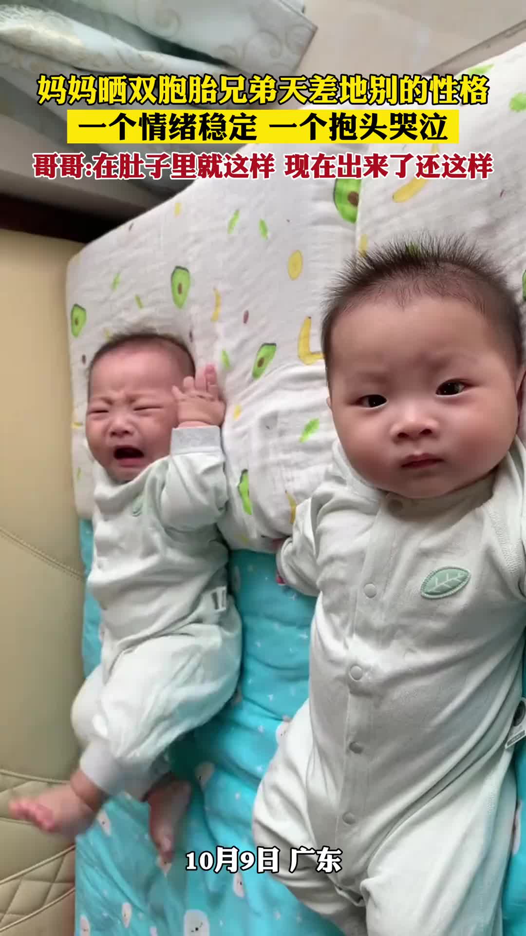 妈妈晒双胞胎兄弟天差地别的性格，一个风轻云淡一个抱头哭泣