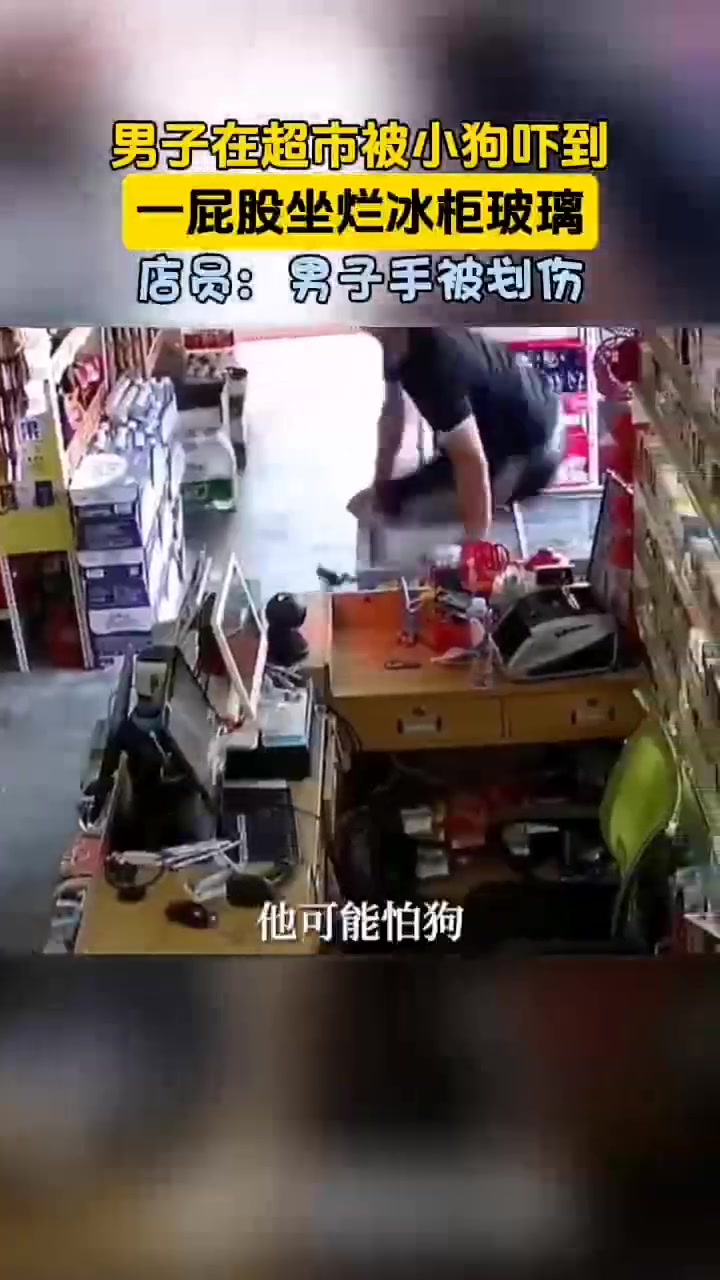 男子在超市被小狗吓到！一屁股做烂冰柜玻璃！这是小时候被咬过吧