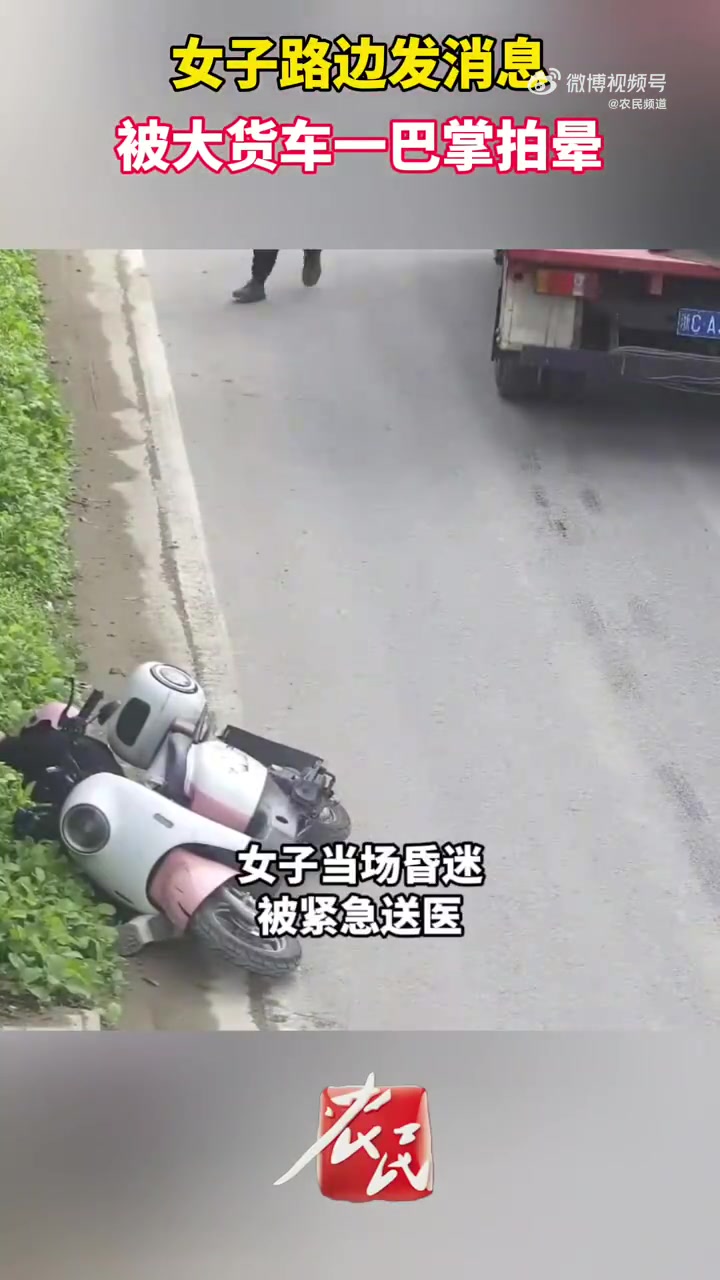 女子路边发消息被大货车一巴掌拍晕