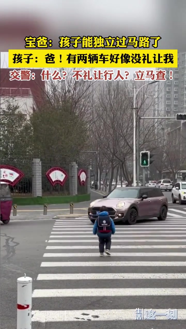 宝爸：孩子能独立过马路了，孩子：有两辆车没礼让行人