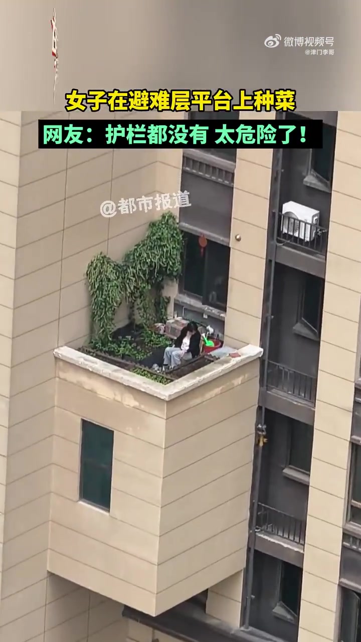 太危险了！女子在避难层平台上种菜！网友：护栏都没有，太危险了
