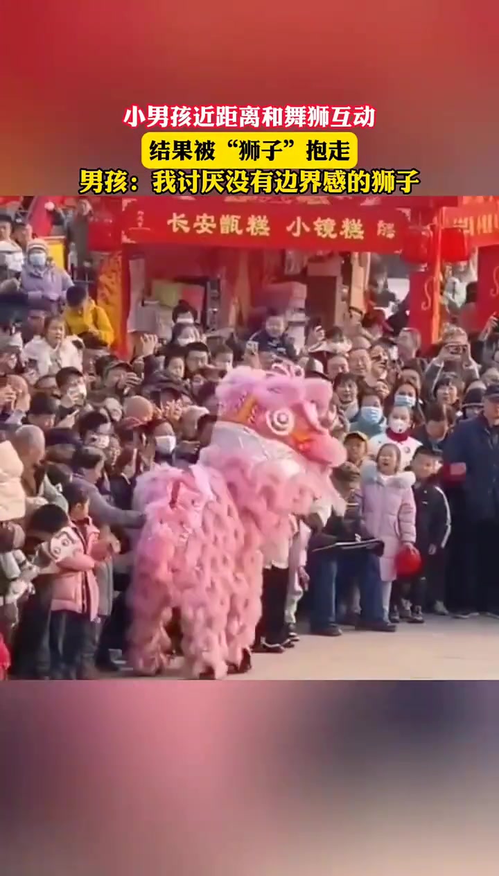 小男孩近距离和舞狮互动