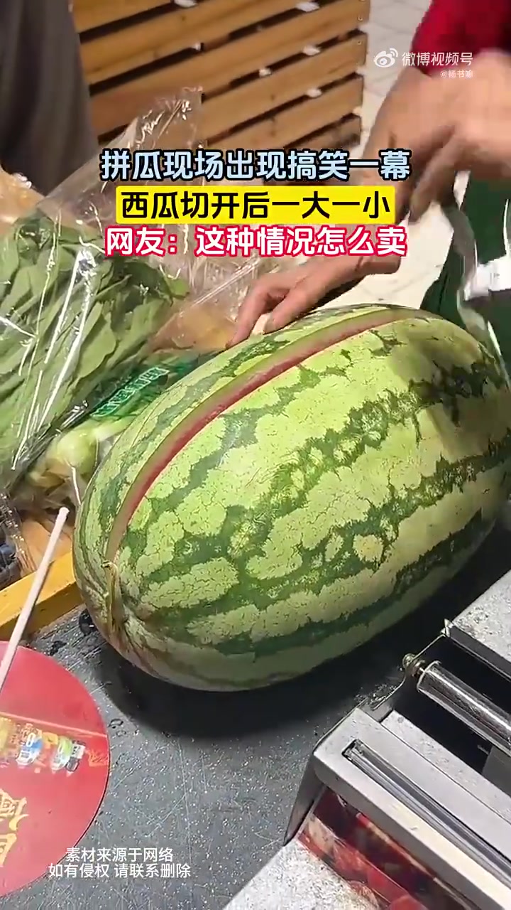 拼瓜现场出现搞笑一幕，西瓜切开后一大一小