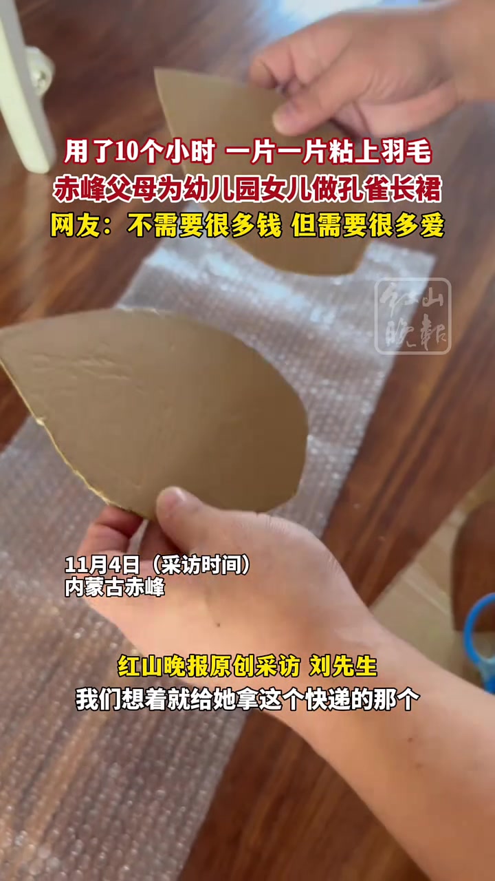 用了10个小时一片一片粘上羽毛，父母为幼儿园女儿制作孔雀长裙