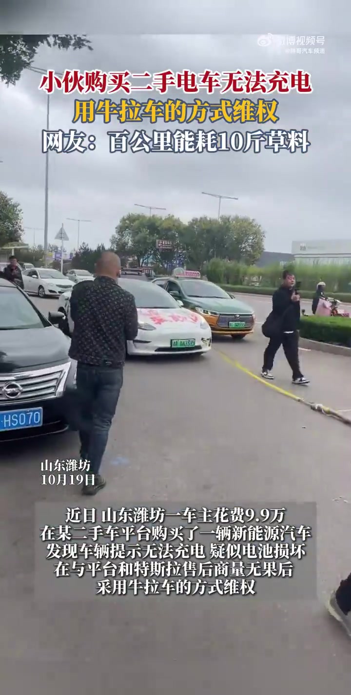 9.9万买的二手特斯拉无法充电，特斯拉车主用牛拉车上路维权！！