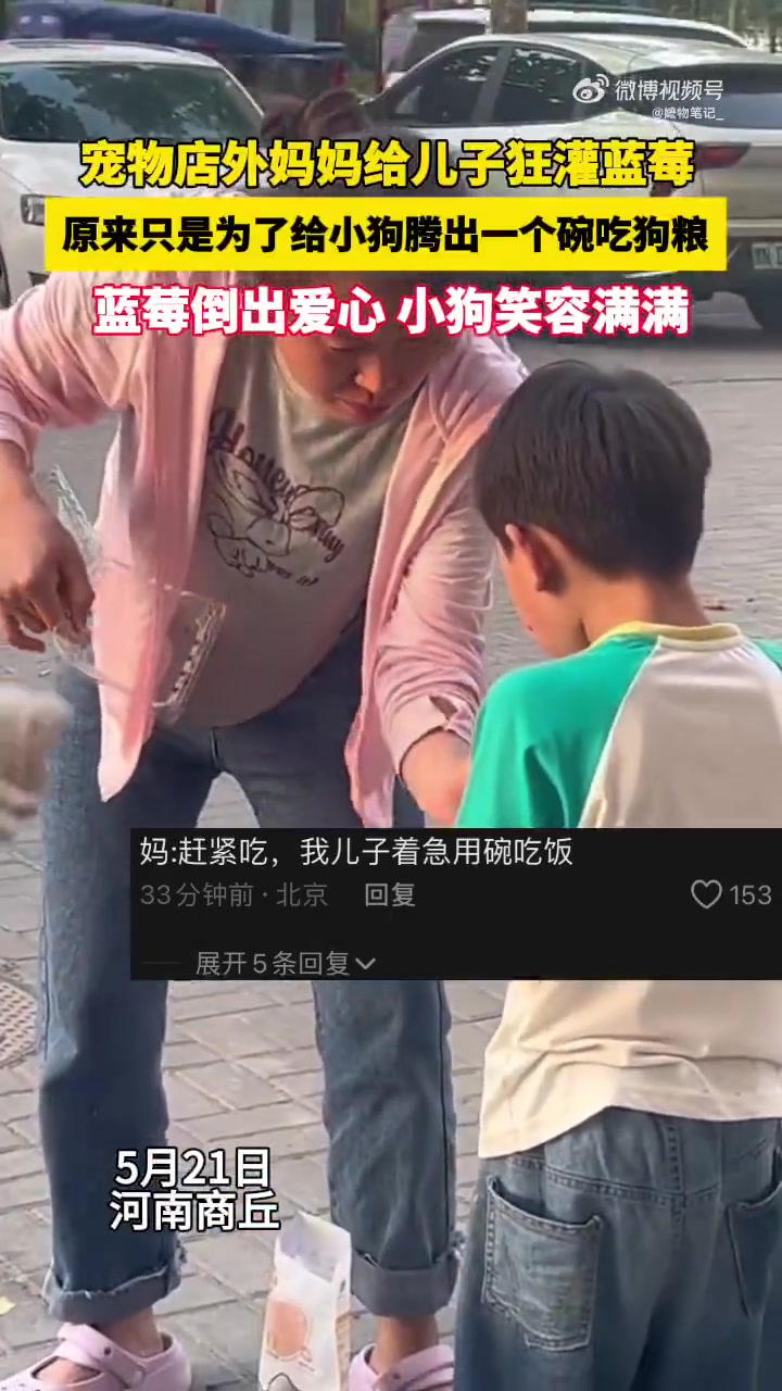 宠物店外，妈妈给儿子大把喂蓝莓，竟是为了让小狗有碗吃狗粮