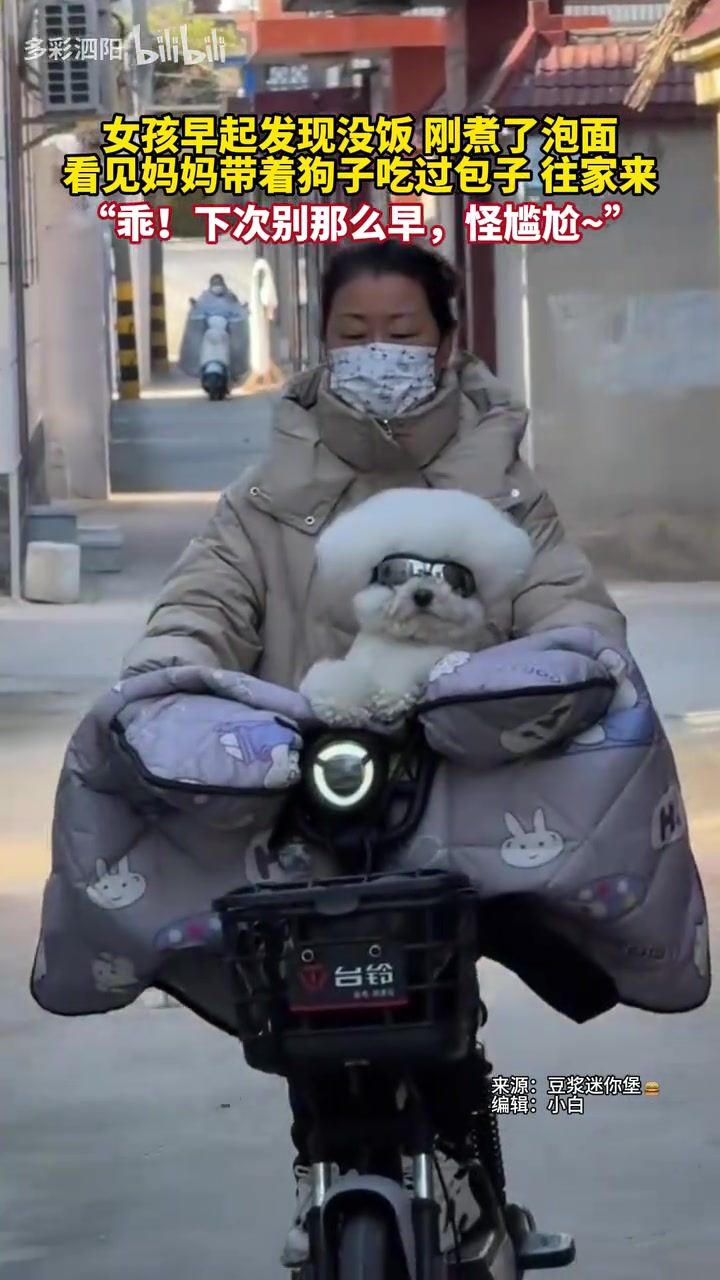 女孩早起发现没饭刚煮了泡面，看见妈妈带着狗子吃过包子往家来