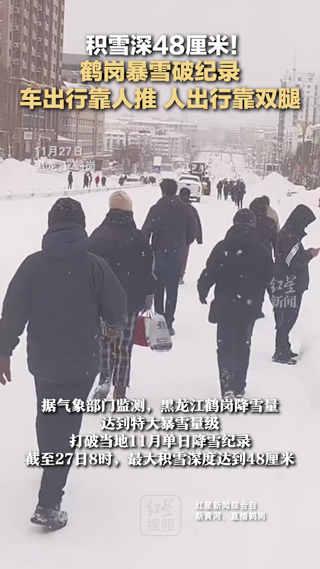 积雪深48厘米！鹤岗暴雪破纪录车出行靠人推人出行靠双腿