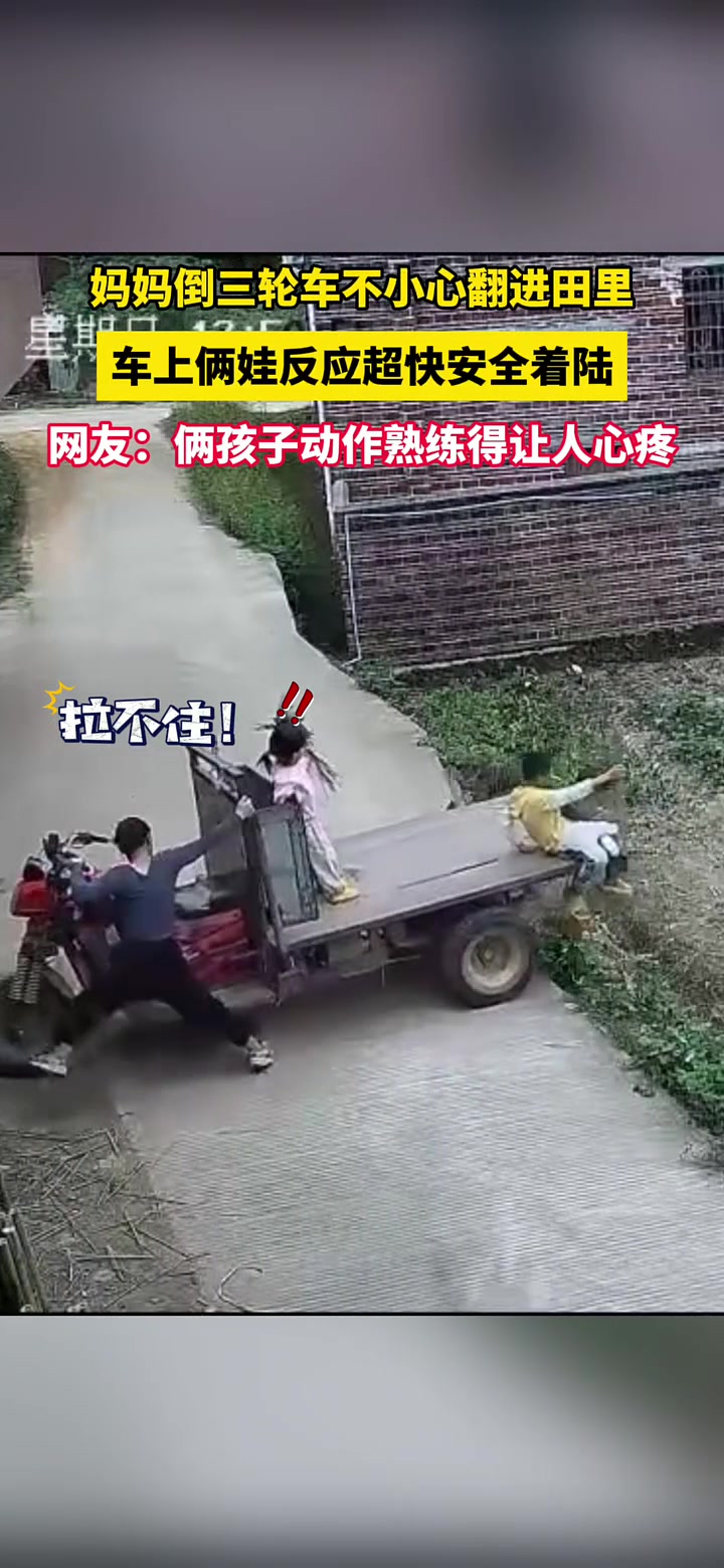 妈妈倒三轮车不小心把车倒进田里了，车上俩娃反应迅速