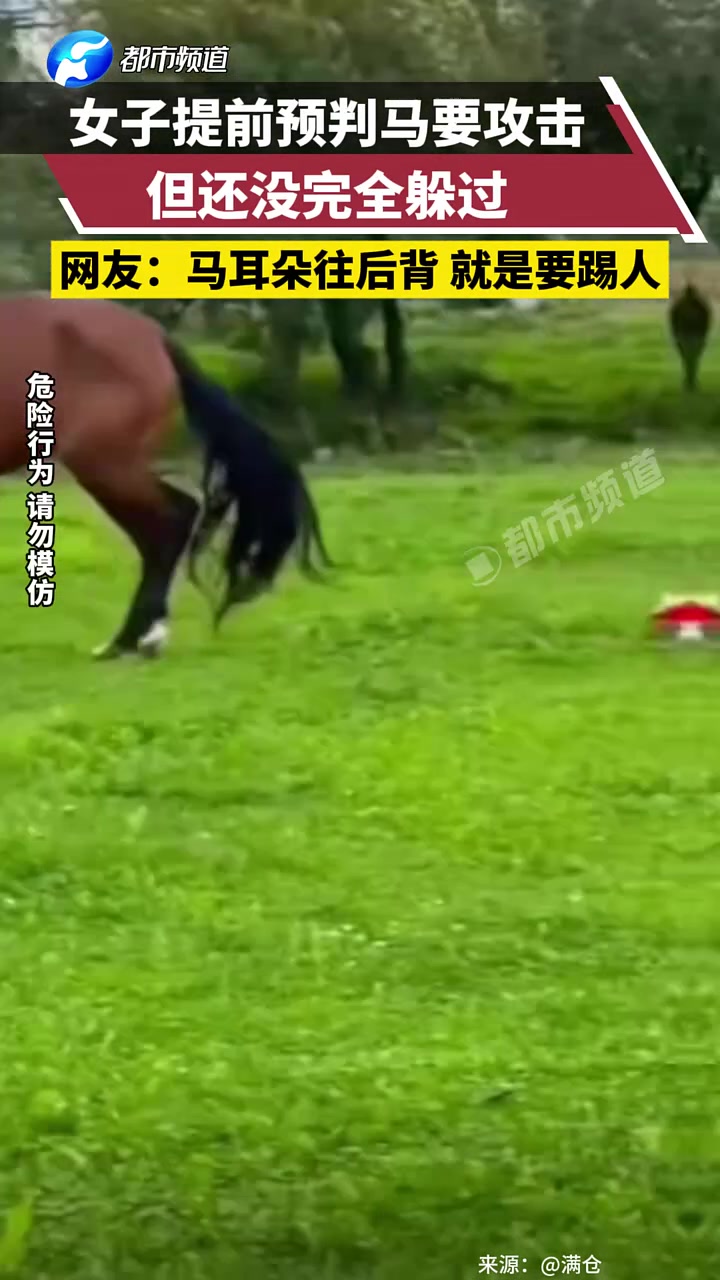 女子提前预判了马要攻击，但还是没完全躲过！
