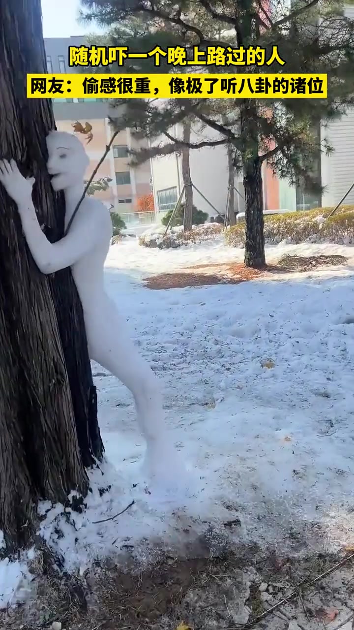 网友在国外遇到了一个偷感十足的雪人！网友：像极偷听八卦的诸位