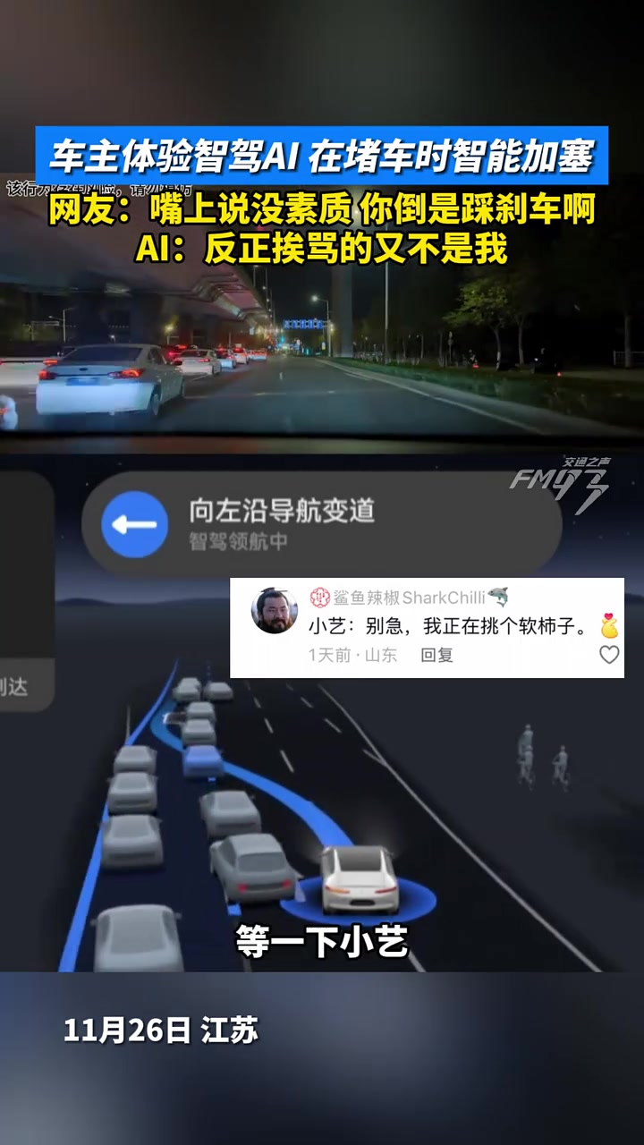车主体验智驾AI在堵车时智能加塞网友：嘴上说没素质你倒是刹车
