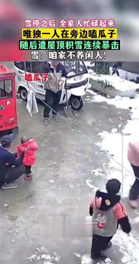 雪停之后全家人忙碌起来唯独一人在旁边嗑瓜子