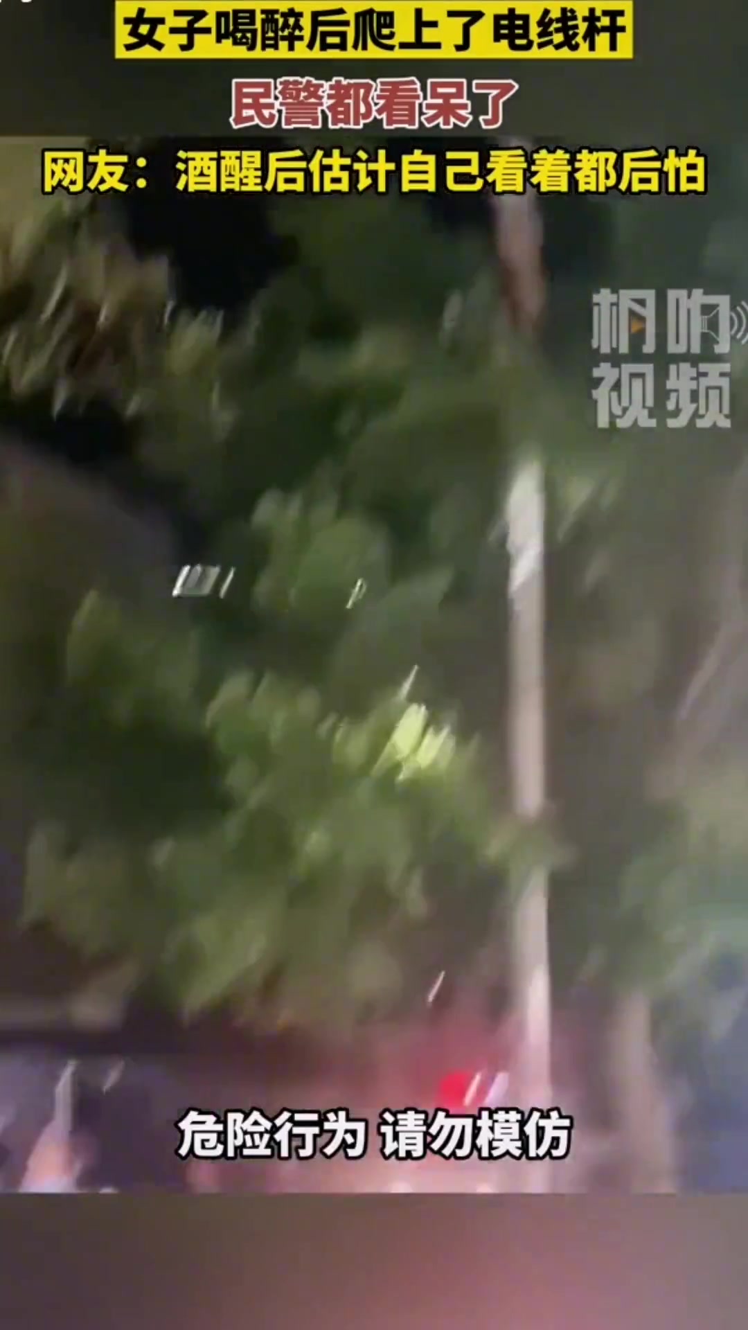 女子喝醉后爬上电线杆酒醒后估计自己看着都怕