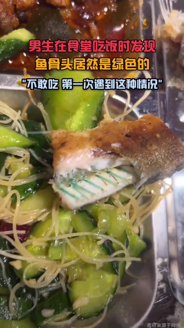 男生在食堂吃饭时发现，鱼骨头居然是绿色的不敢吃