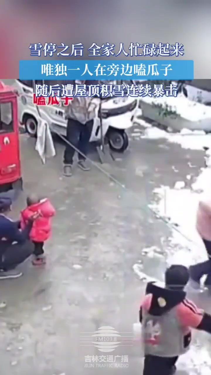 雪停之后全家人忙碌起来，唯独一人在旁边嗑瓜子，随后被积雪暴击