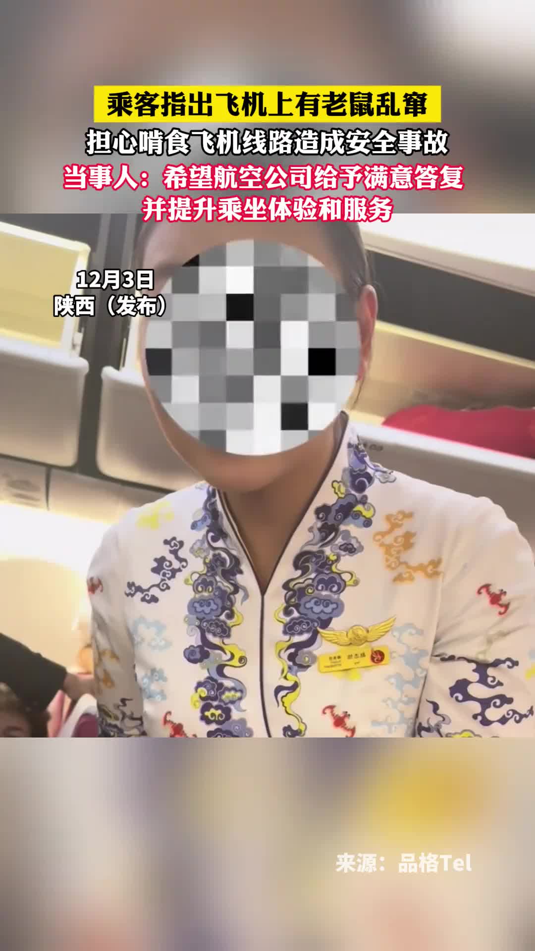乘客指出飞机上有老鼠乱窜，担心啃食飞机线路造成安全事故！