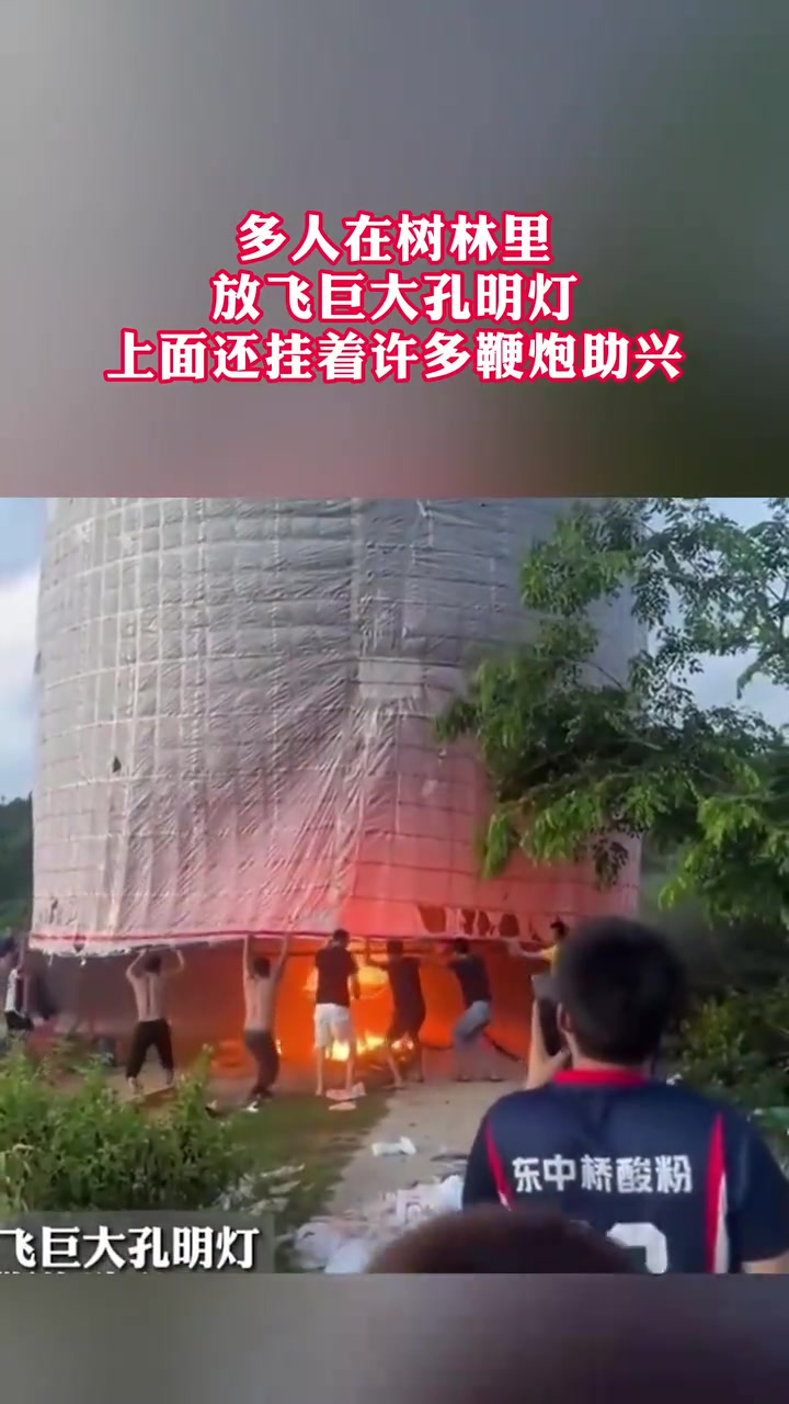 多人在树林里,放飞巨大孔明,上面还挂着许多鞭炮助兴！可真刑！