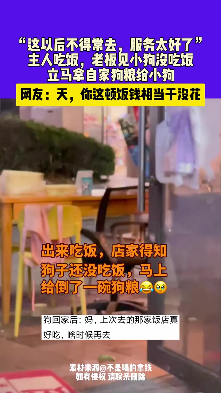 主人吃饭，老板见小狗没吃饭，立马拿自家狗粮给小狗