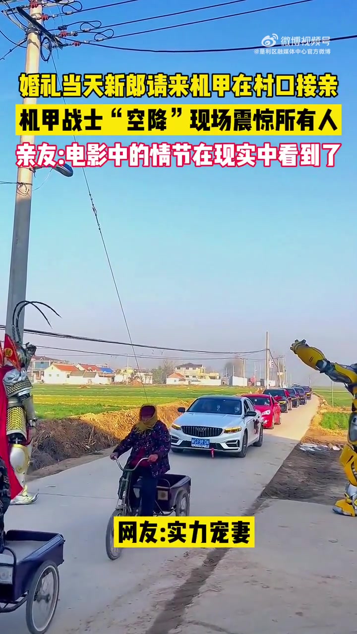 婚礼现场新郎请来机甲在村口接亲