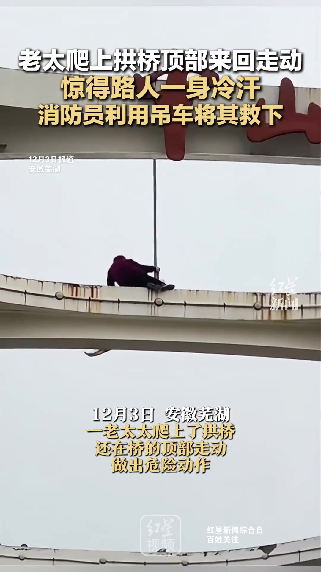 老太爬上拱桥顶部消防员用吊车救下